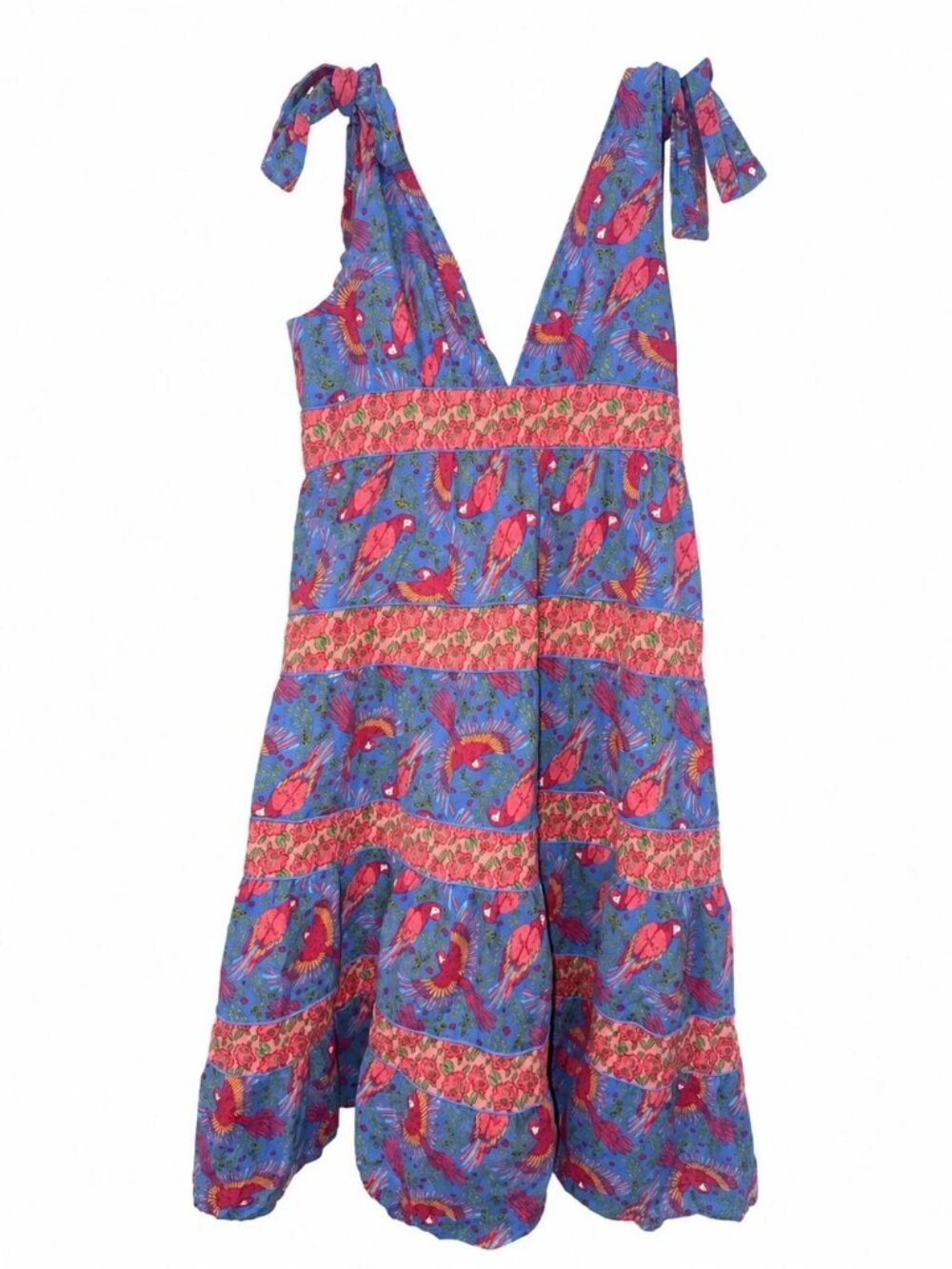 House of Harlow 1960 Linen Blend Tropical Parrot Tie Strap Midi Dress L